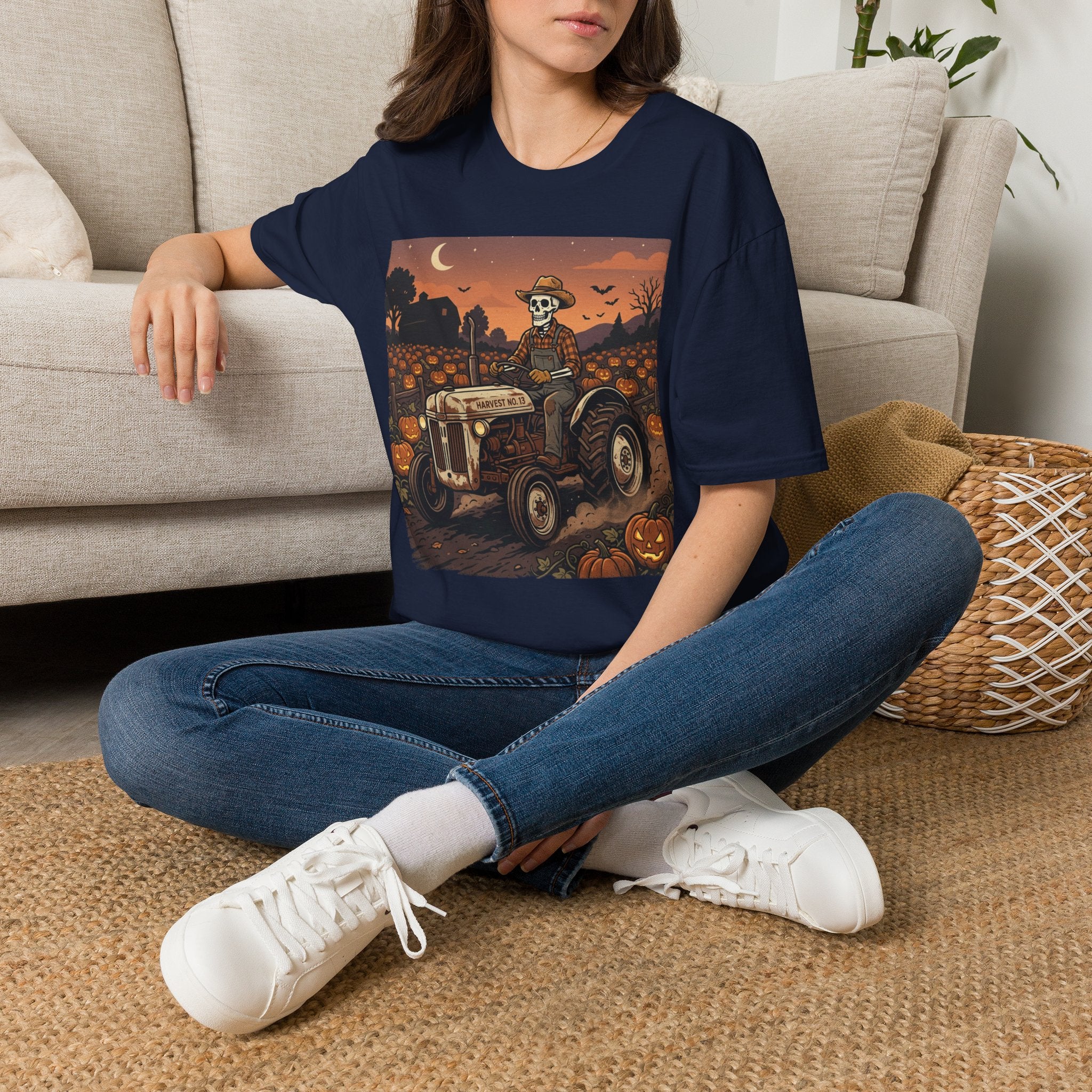 Skeleton Farmer Pumpkin Patch T‑Shirt — Harvest Moon Halloween Tee