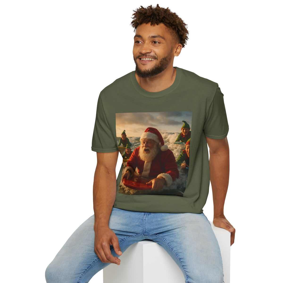 Santa Surfing T-Shirt — Funny Christmas Holiday Surf Santa Tee