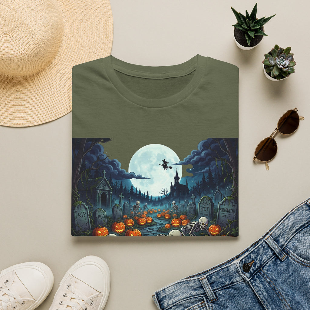 Halloween Pumpkin Patch T-Shirt — Haunted Moonlit Cemetery Graphic Tee