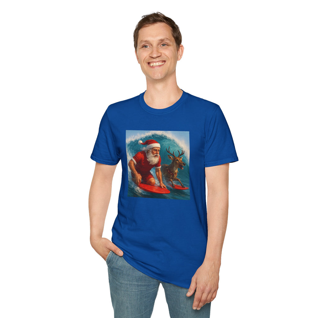 Santa Surfing T-Shirt — Retro Santa and Reindeer Surf Holiday Tee