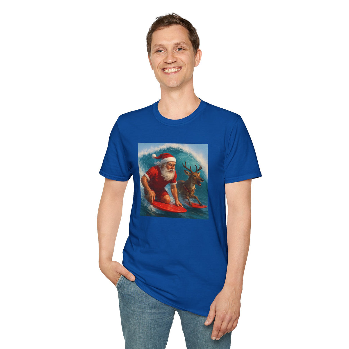 Santa Surfing T-Shirt — Retro Santa and Reindeer Surf Holiday Tee