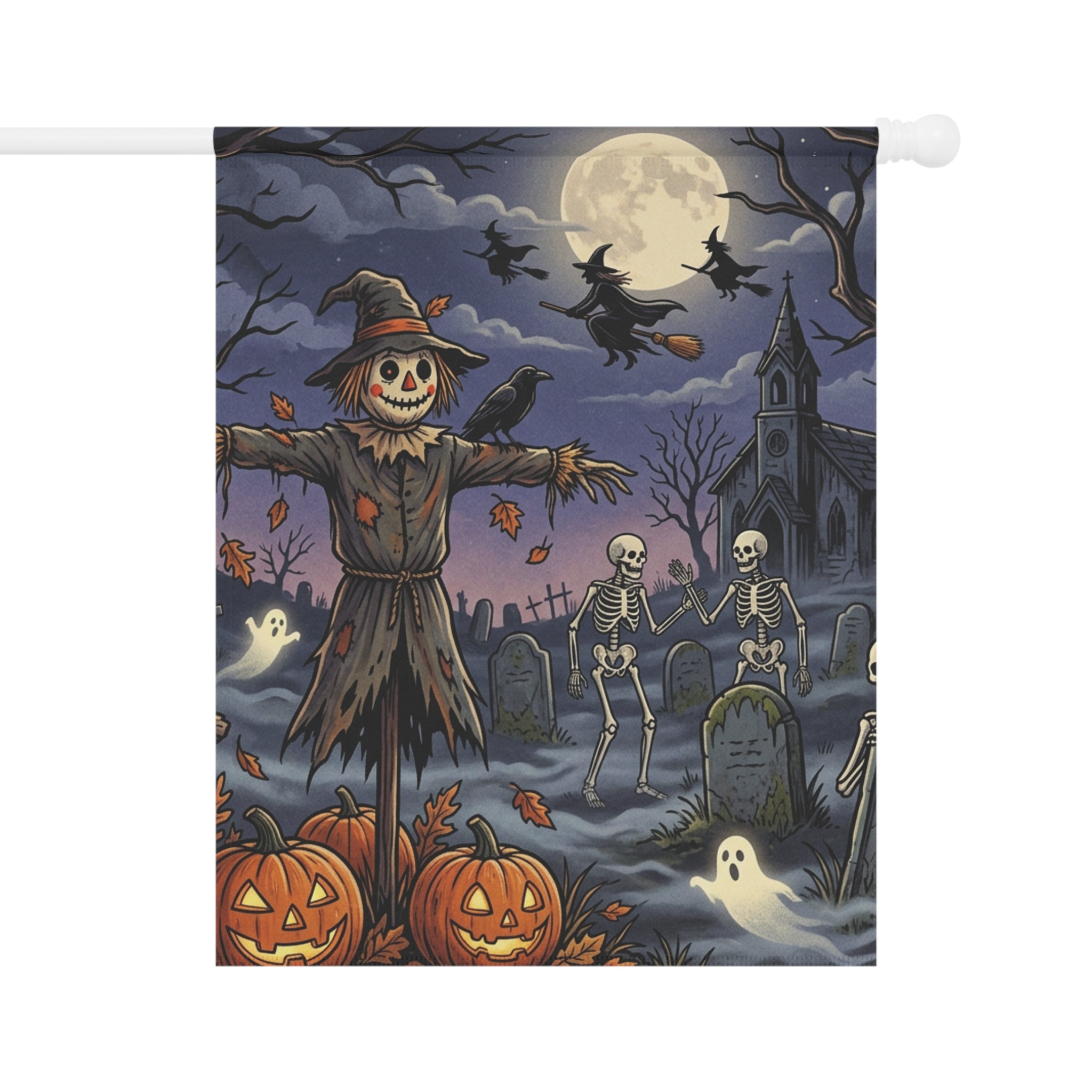 Halloween Scarecrow Garden Flag — Spooky Pumpkin Graveyard Yard Banner