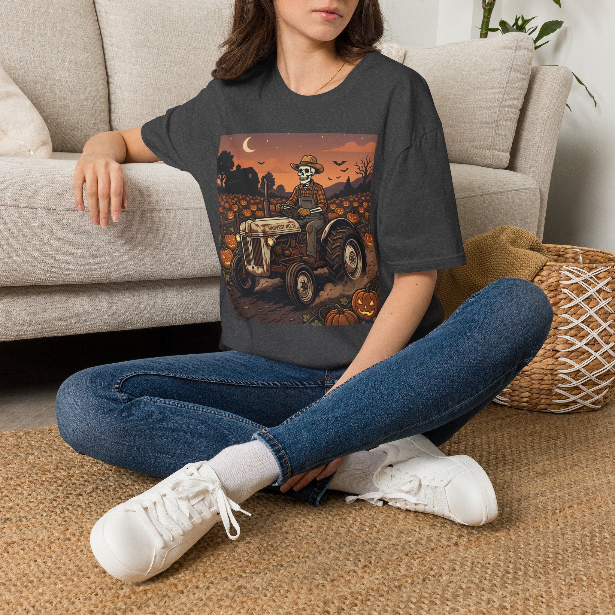 Skeleton Farmer Pumpkin Patch T‑Shirt — Harvest Moon Halloween Tee