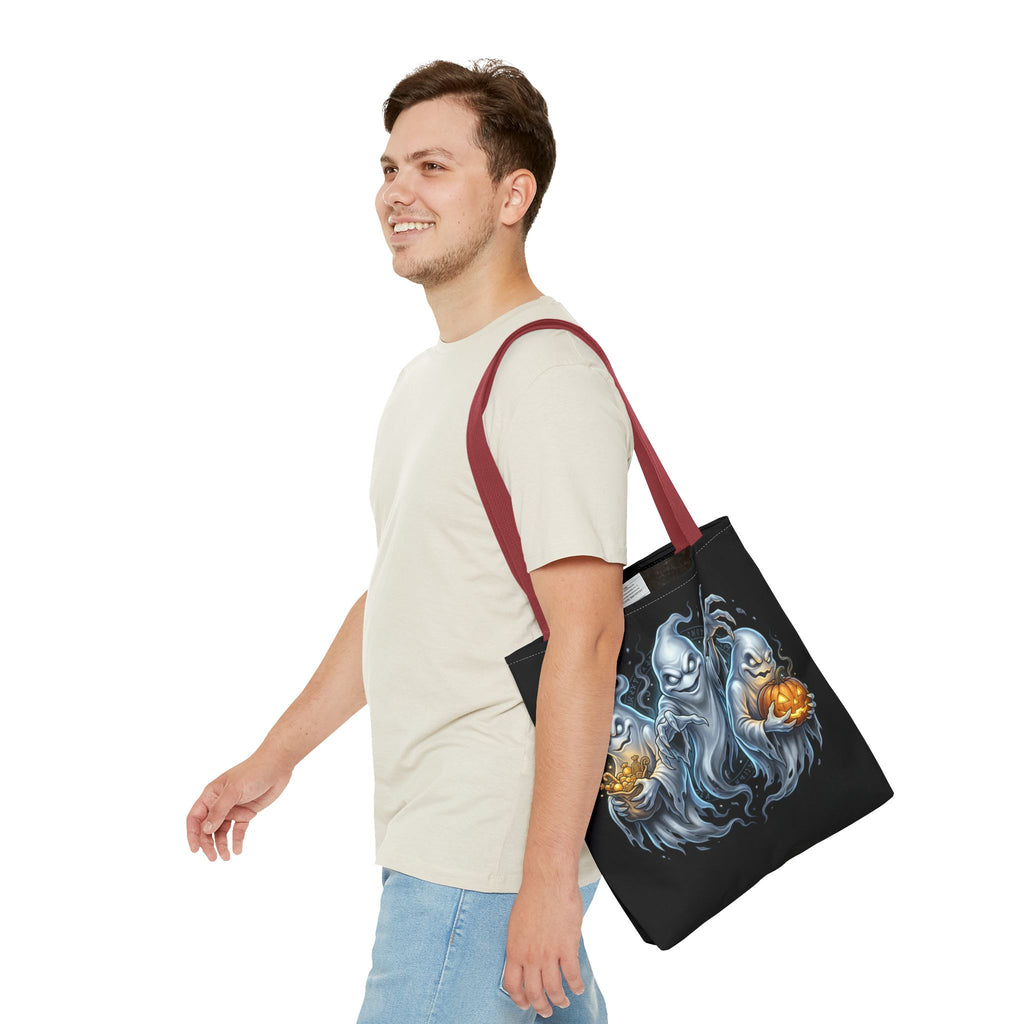 Halloween Ghost Trio Tote Bag — Spooky Pumpkin Trick-or-Treat AOP Tote
