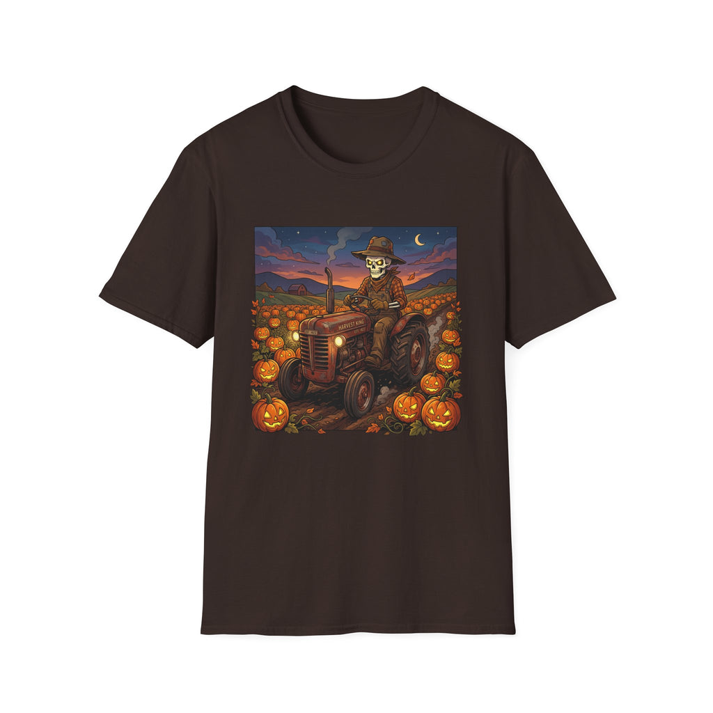 Halloween Pumpkin Farm T‑Shirt — Skeleton Farmer on Tractor Design