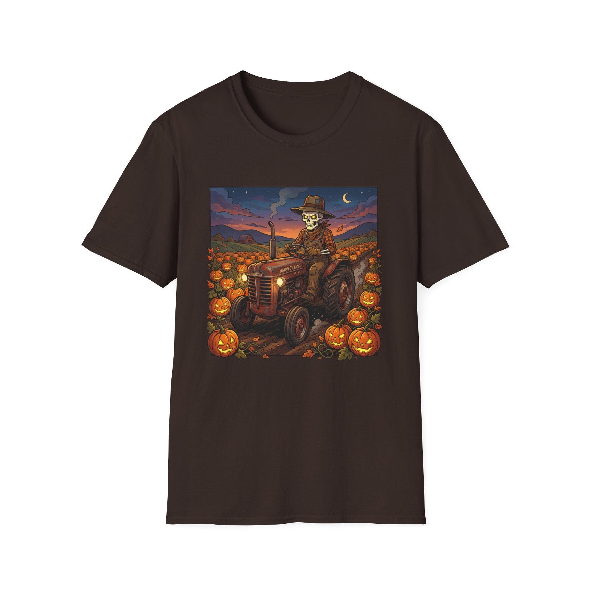 Halloween Pumpkin Farm T‑Shirt — Skeleton Farmer on Tractor Design