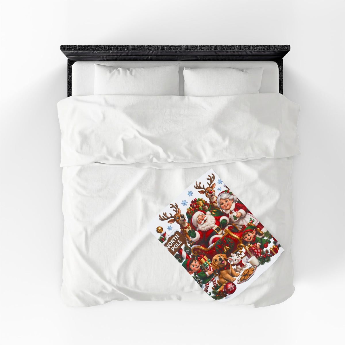 North Pole Christmas Santa & Reindeer Velveteen Plush Blanket