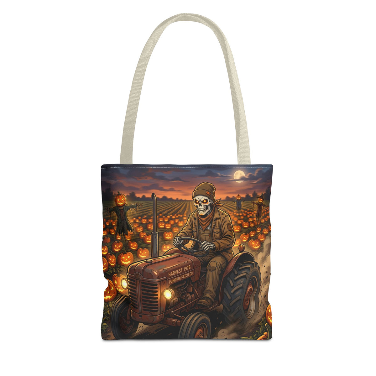 Halloween Pumpkin Field Tote — Skeletal Farmer on Tractor AOP Tote Bag