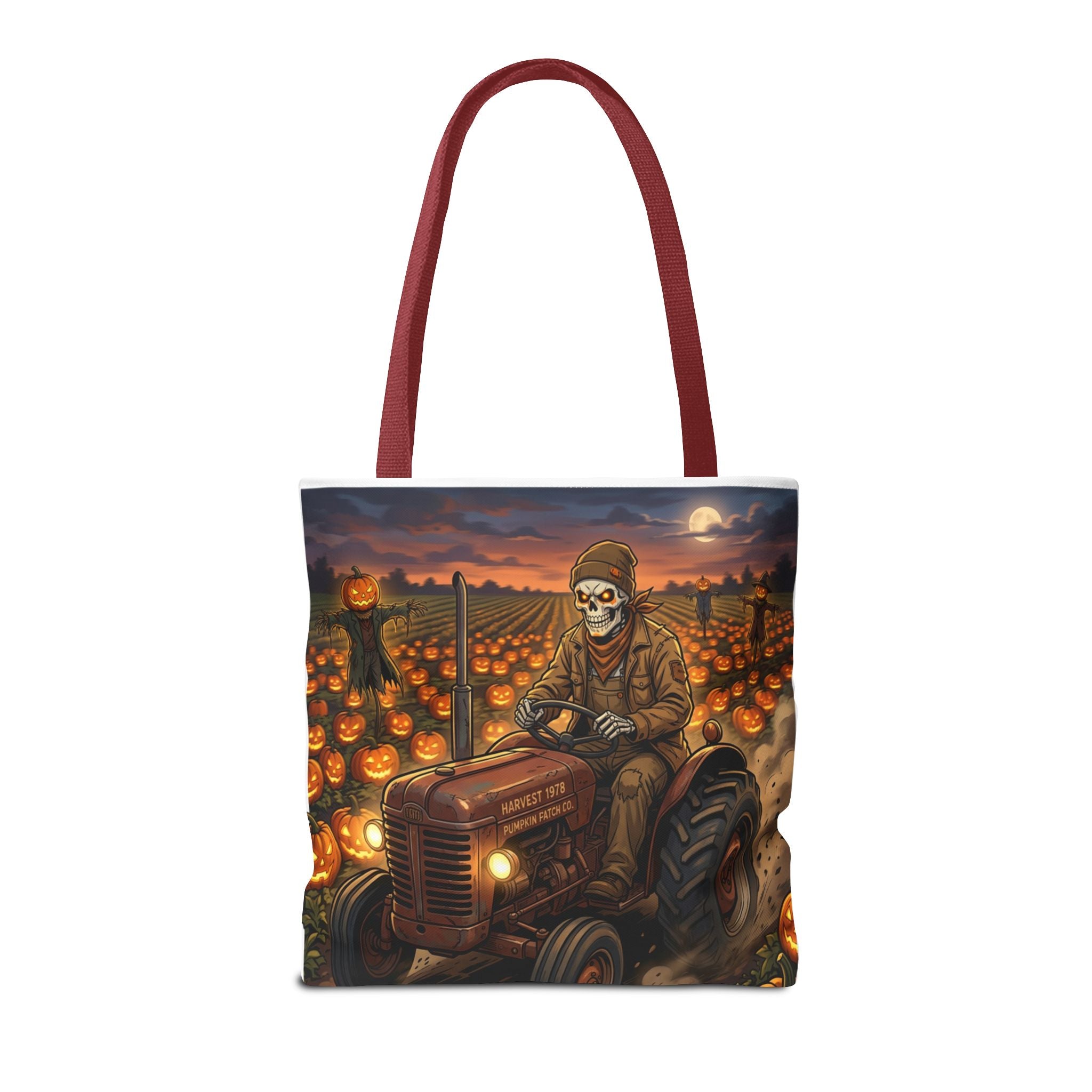 Halloween Pumpkin Field Tote — Skeletal Farmer on Tractor AOP Tote Bag