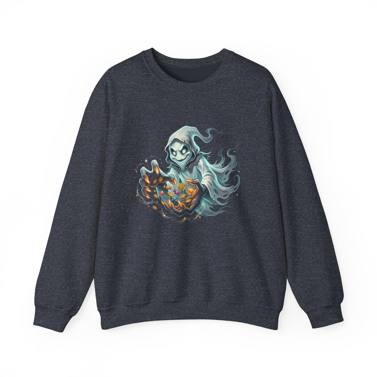 Treasure Ghost Halloween Crewneck Sweatshirt — Hooded Specter with Glowing Candy