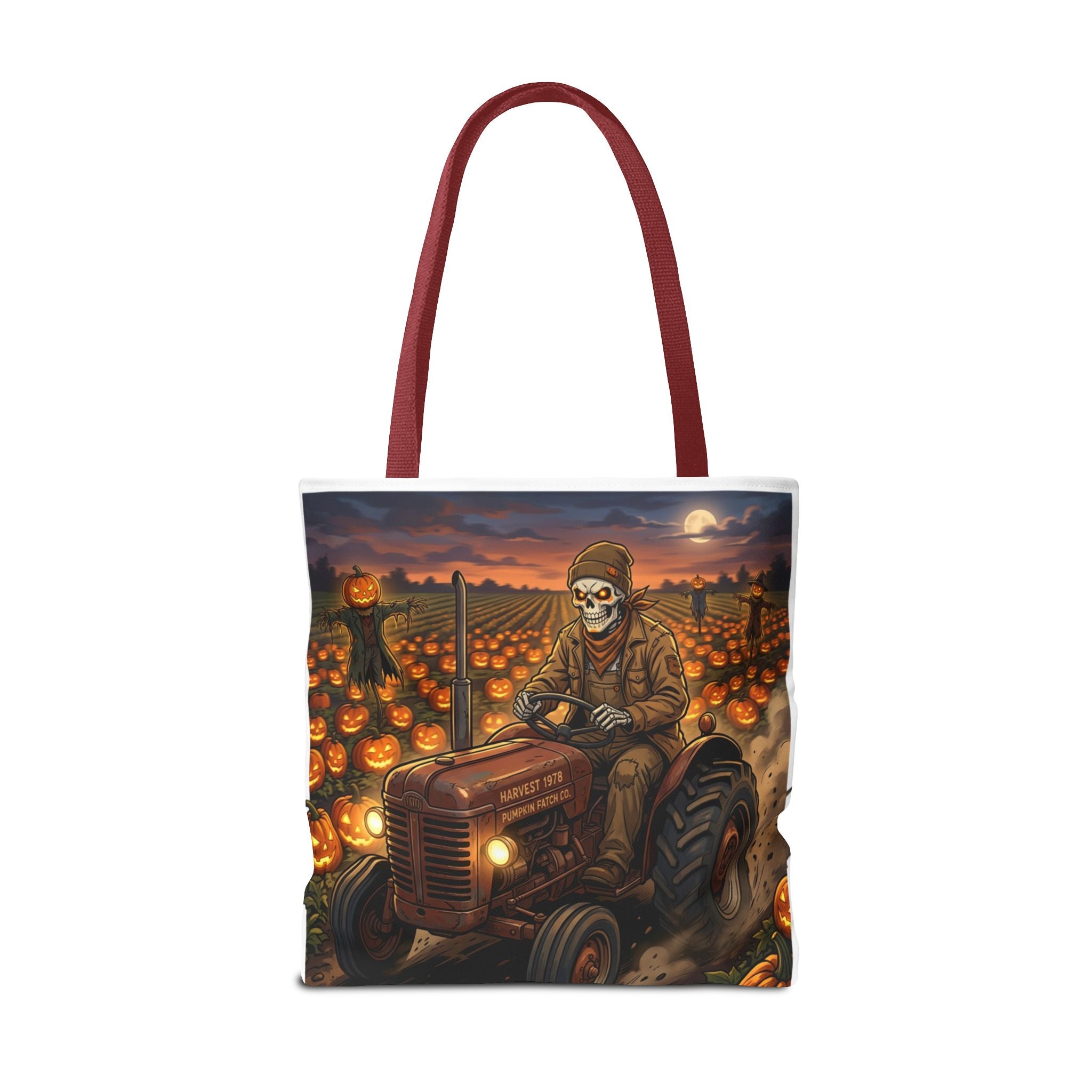 Halloween Pumpkin Field Tote — Skeletal Farmer on Tractor AOP Tote Bag