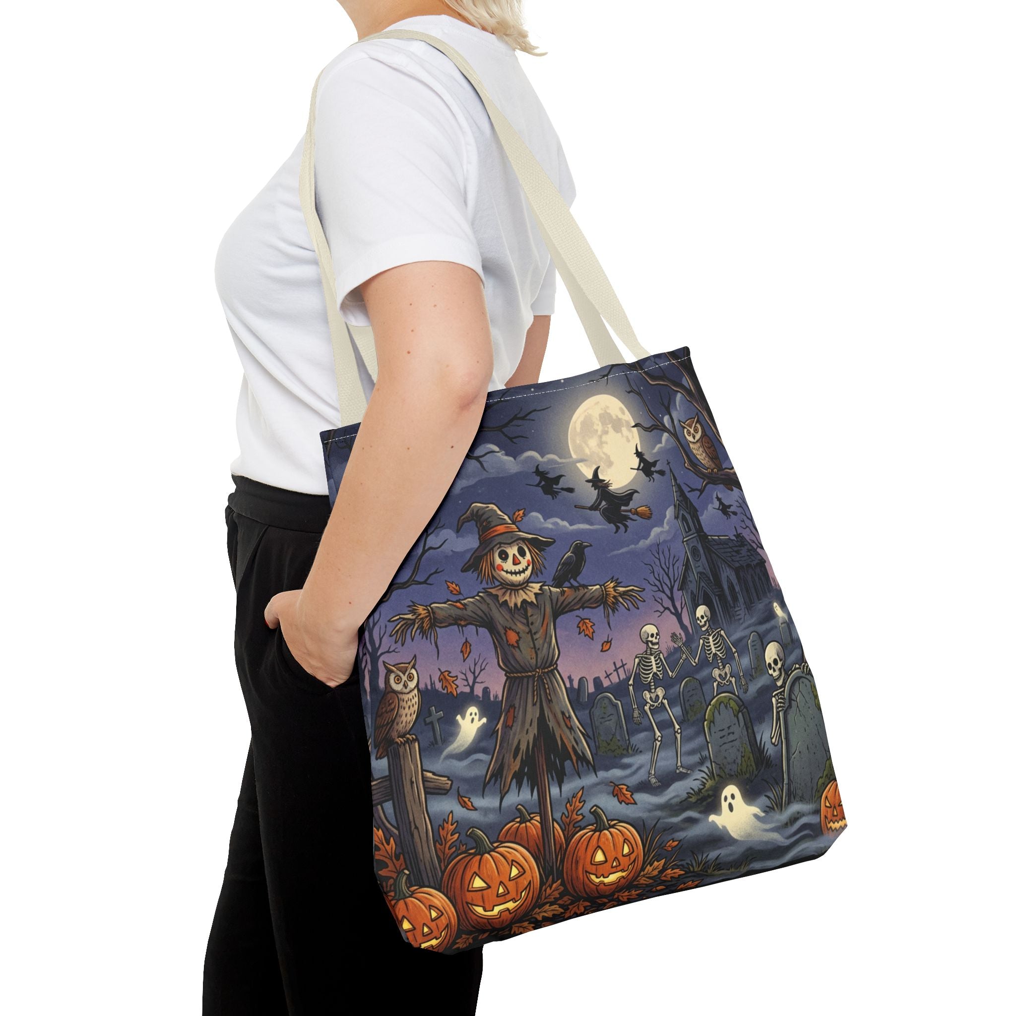 Halloween Haunted Night Tote Bag – Spooky Scarecrow & Skeletons All-Over Print