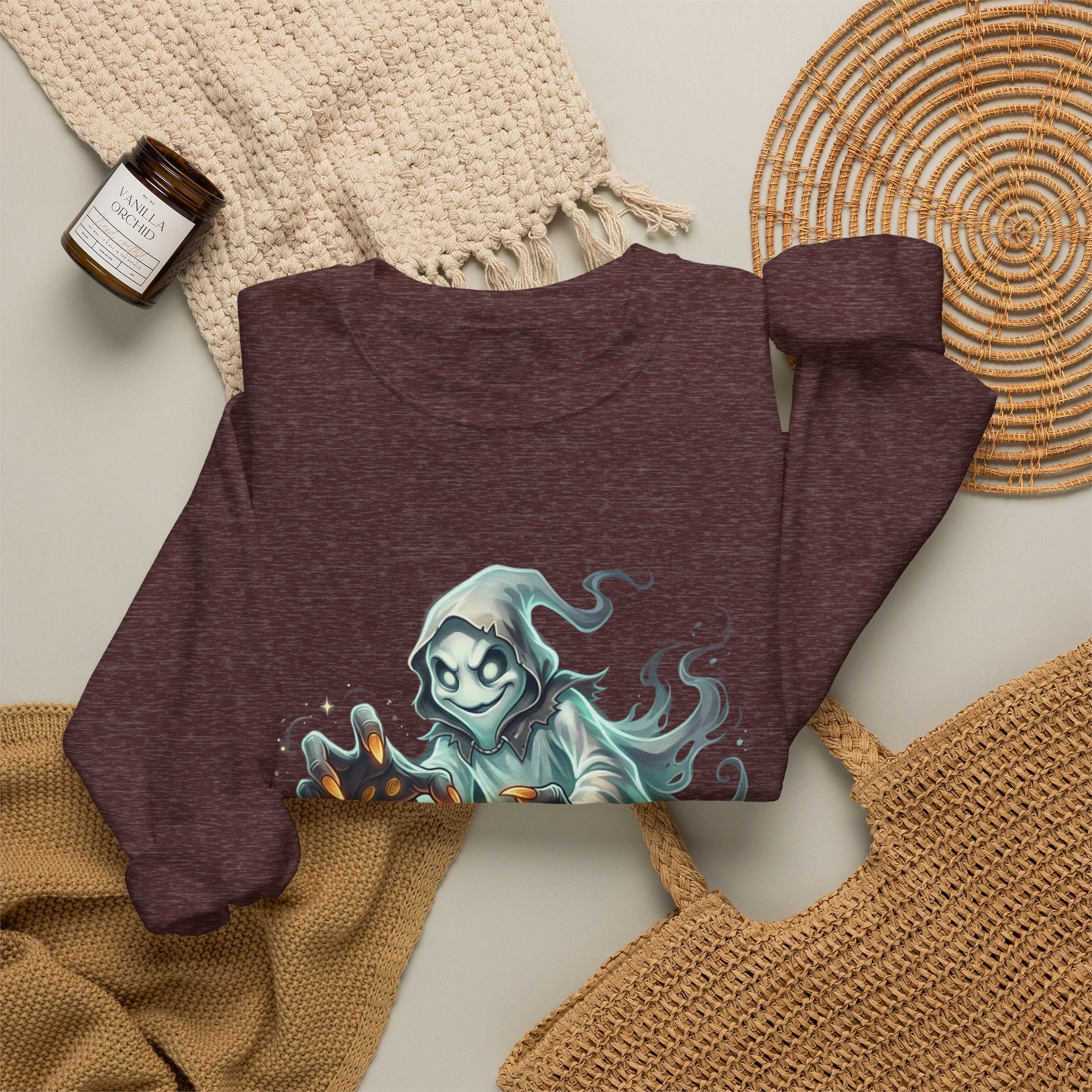 Treasure Ghost Halloween Crewneck Sweatshirt — Hooded Specter with Glowing Candy