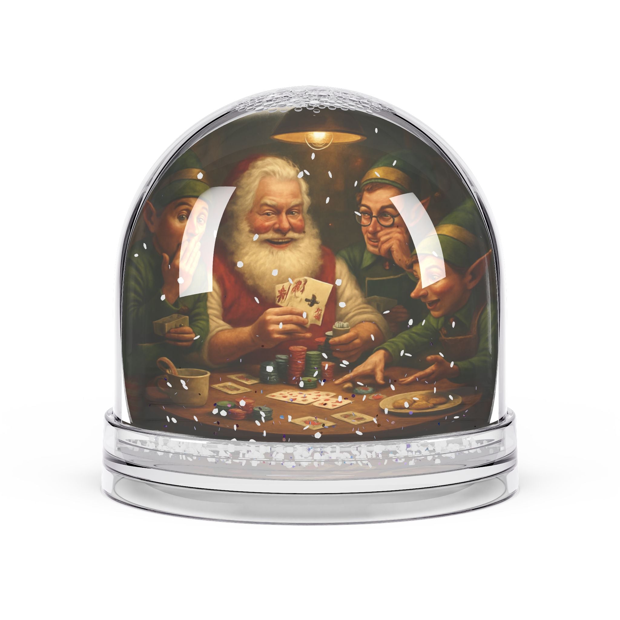 Christmas Snow Globe – Santa and Elves Playing Cards Decorative Holiday Globe