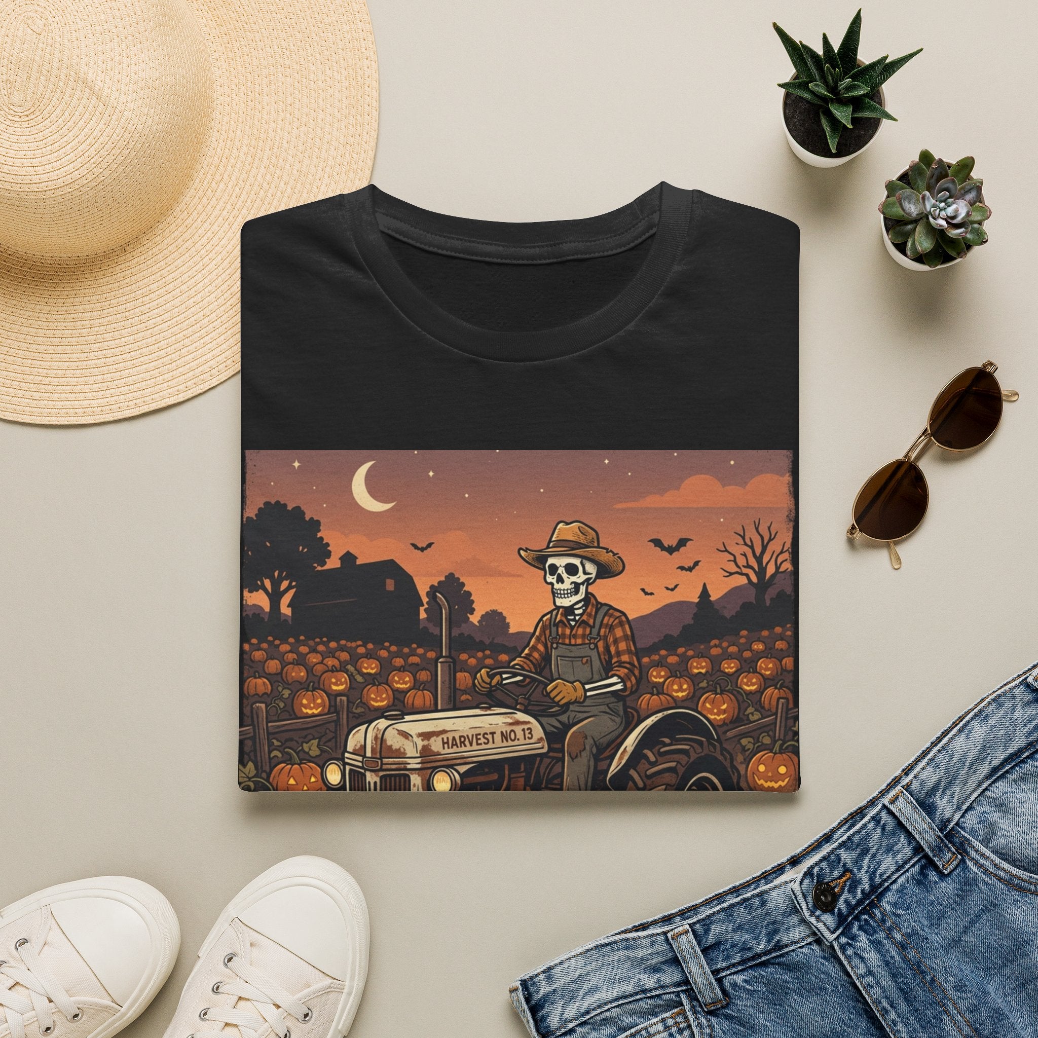 Skeleton Farmer Pumpkin Patch T‑Shirt — Harvest Moon Halloween Tee