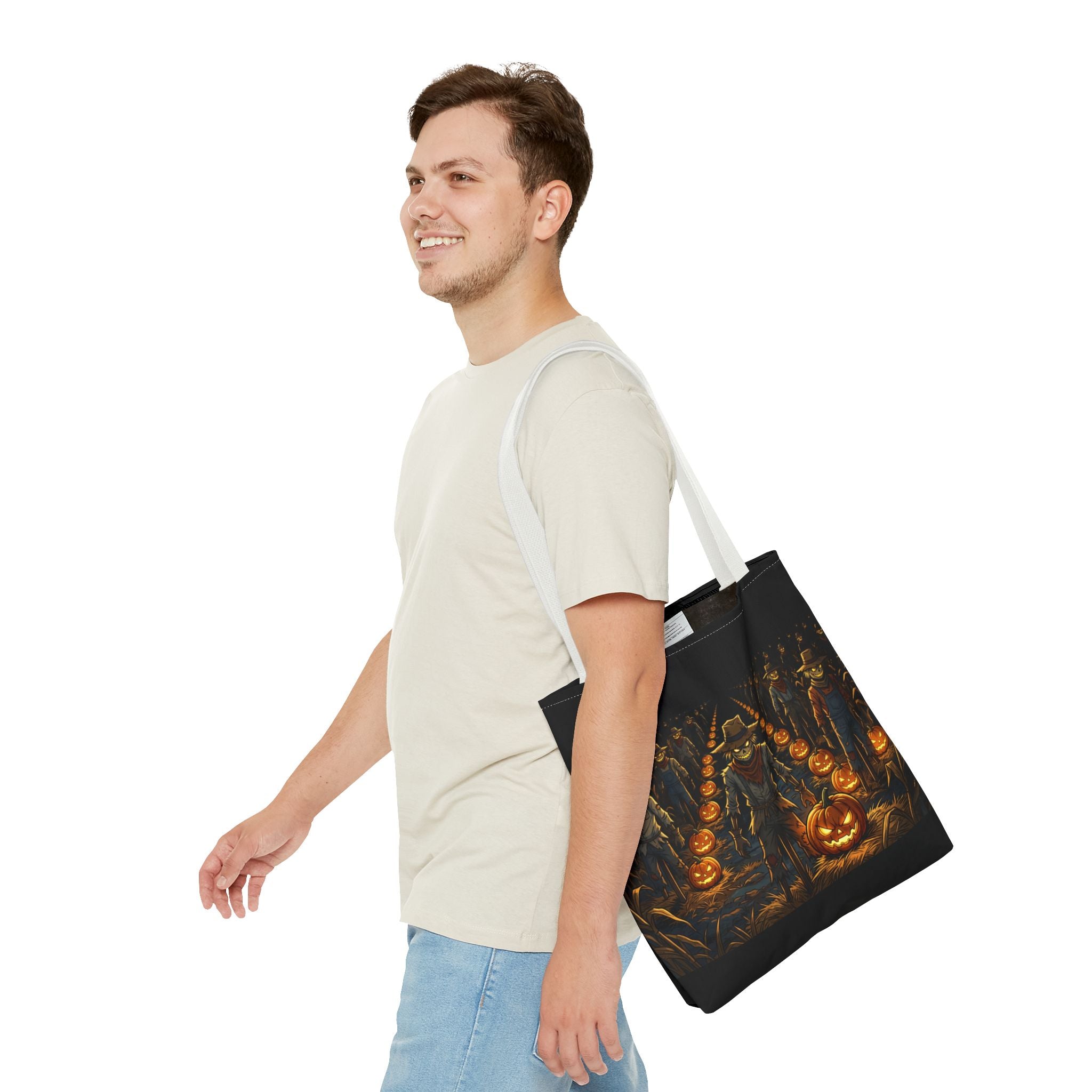 Halloween Scarecrow Parade Tote Bag – Spooky Pumpkin Field All-Over Print Tote