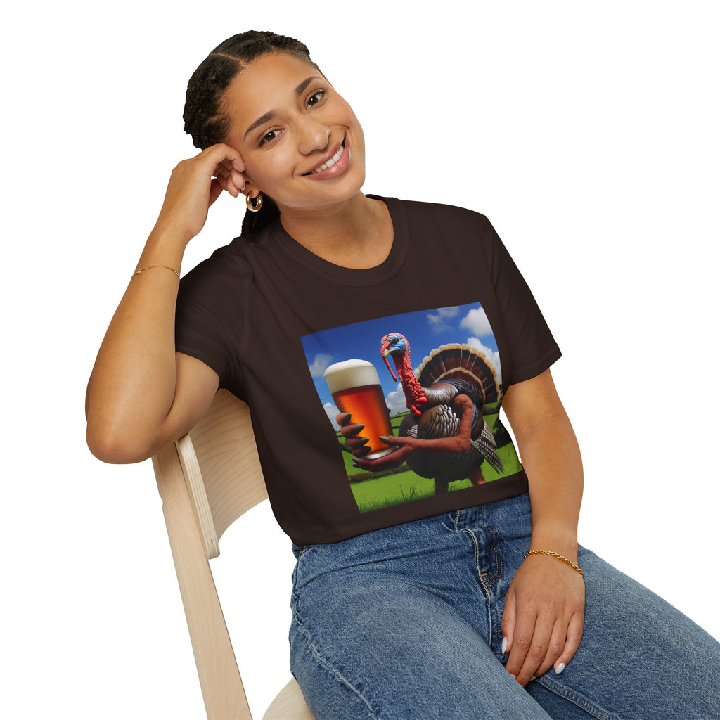 Thankful Turkey Beer T-Shirt — Funny Thanksgiving Turkey Holding Pint Tee
