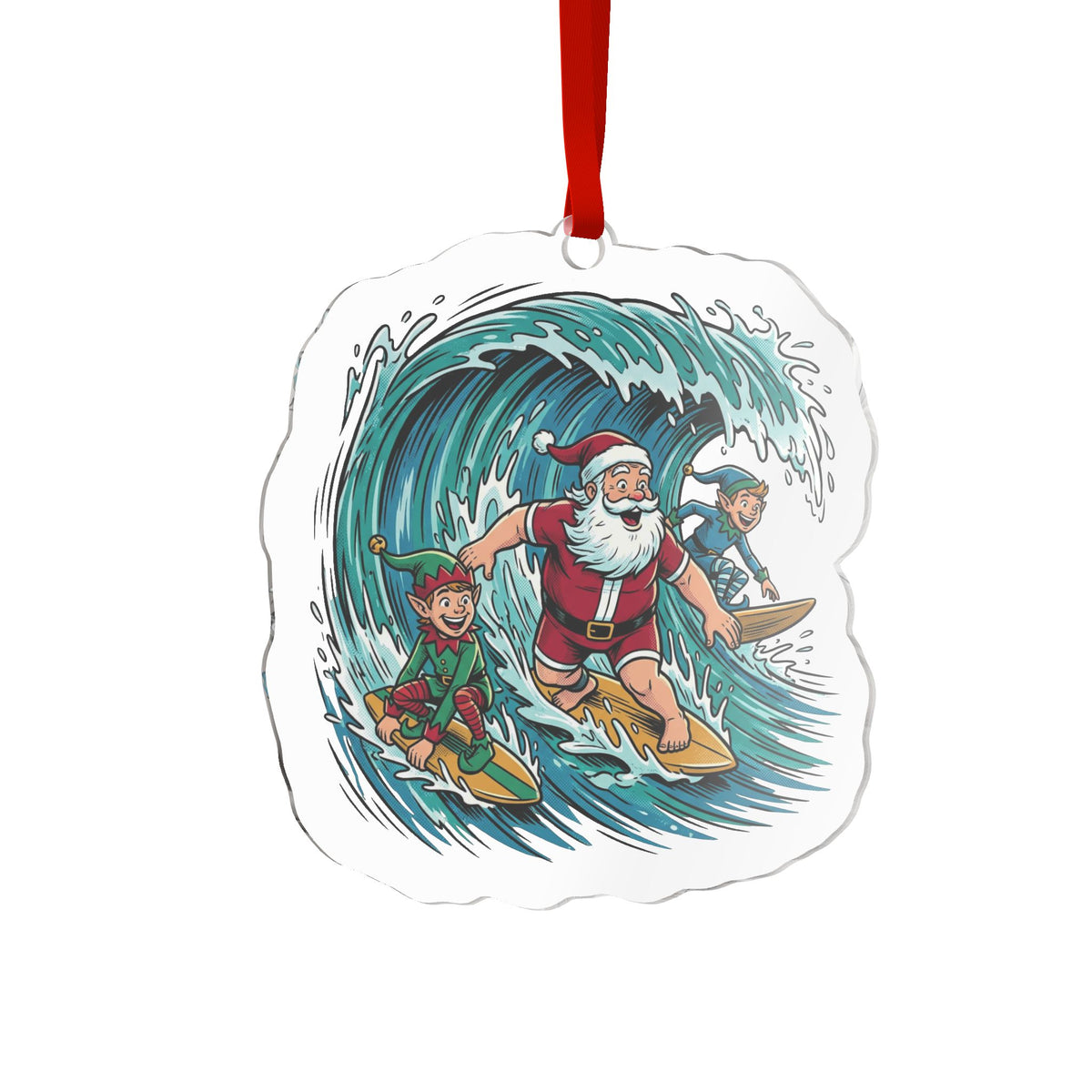 Surfing Santa Acrylic Ornament — Christmas Beach Holiday Decoration