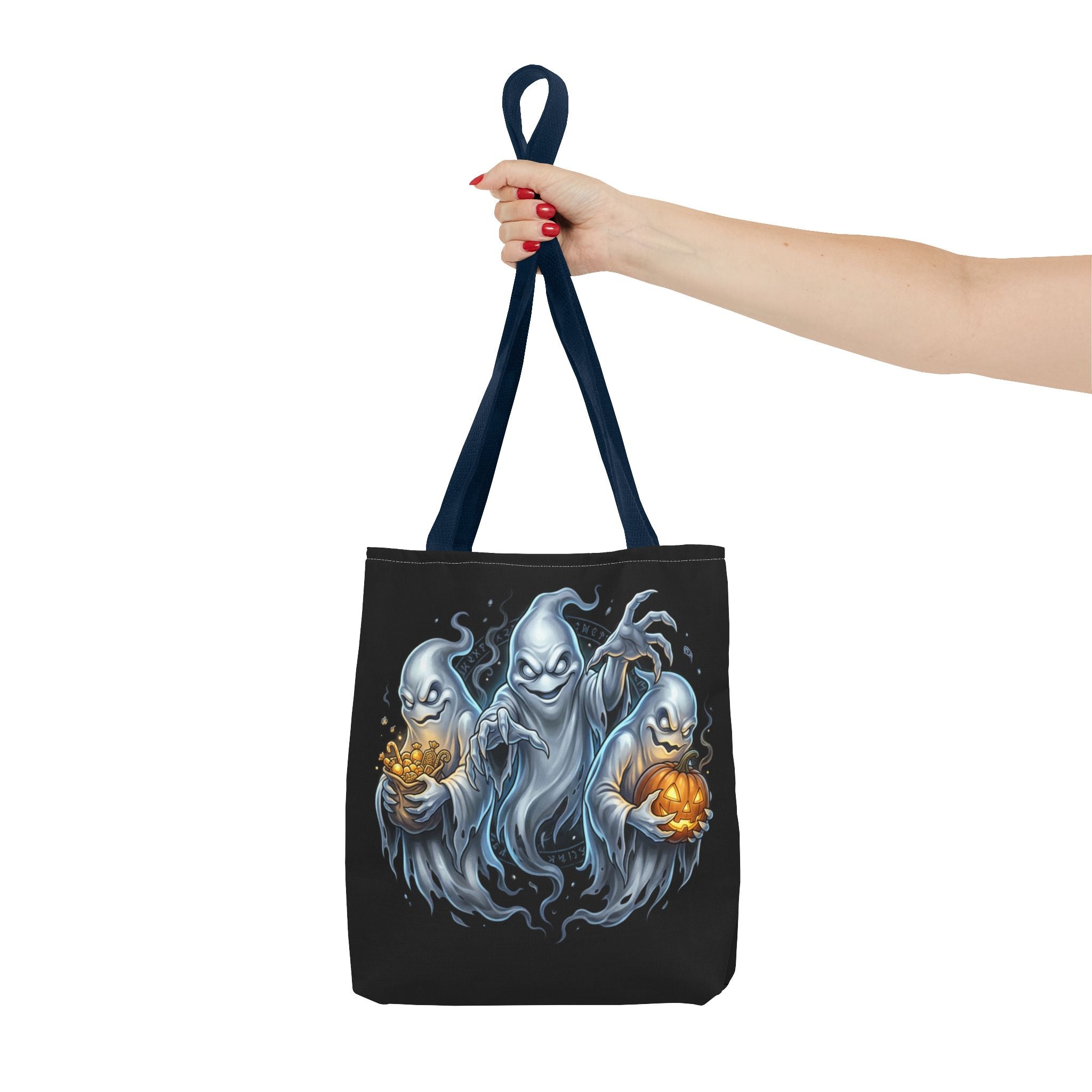 Halloween Ghost Trio Tote Bag — Spooky Pumpkin Trick-or-Treat AOP Tote