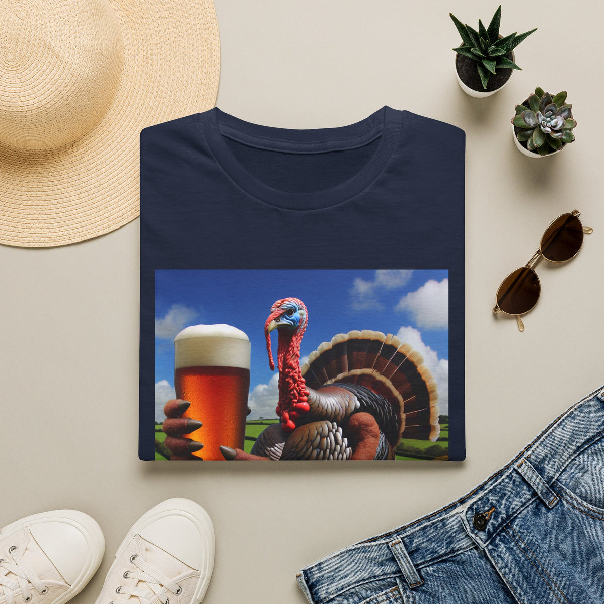 Thankful Turkey Beer T-Shirt — Funny Thanksgiving Turkey Holding Pint Tee