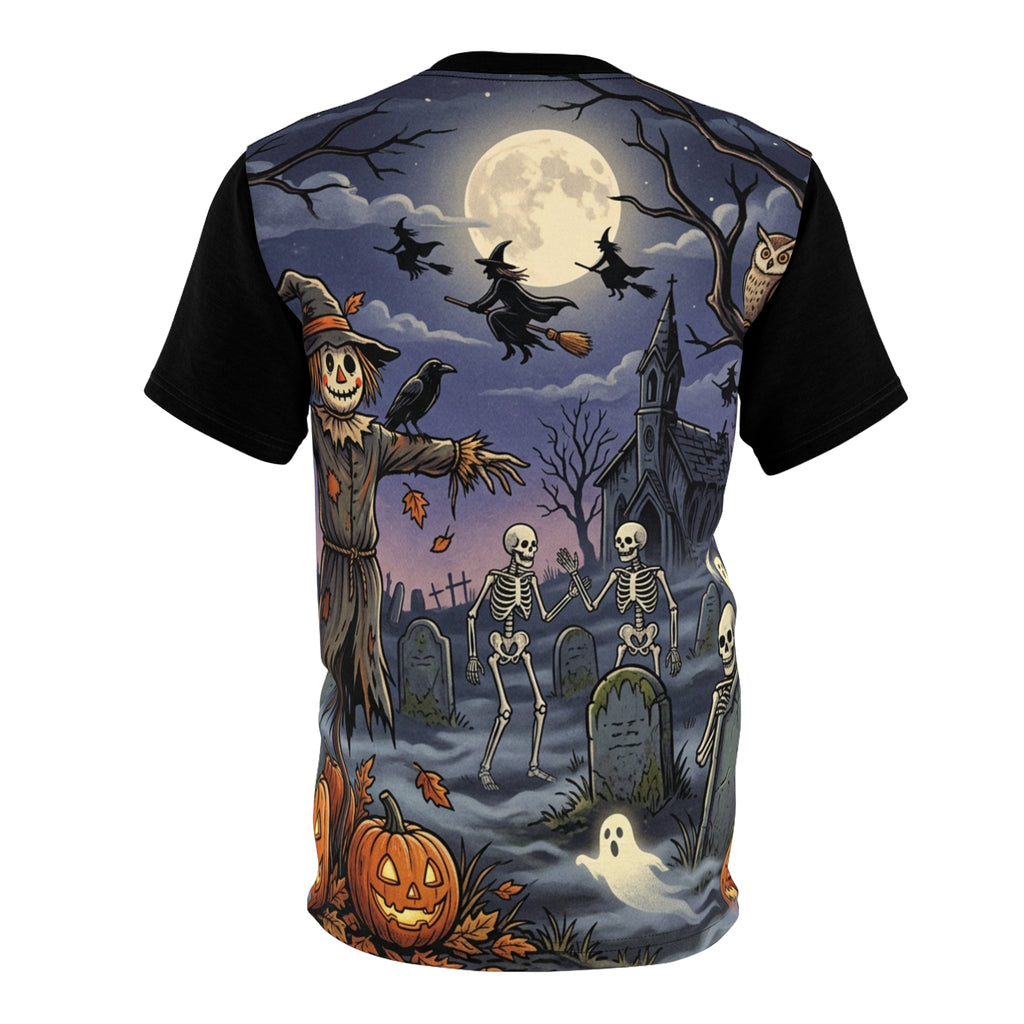 Halloween Graveyard Tee — Spooky Scarecrow & Dancing Skeletons All-Over Print