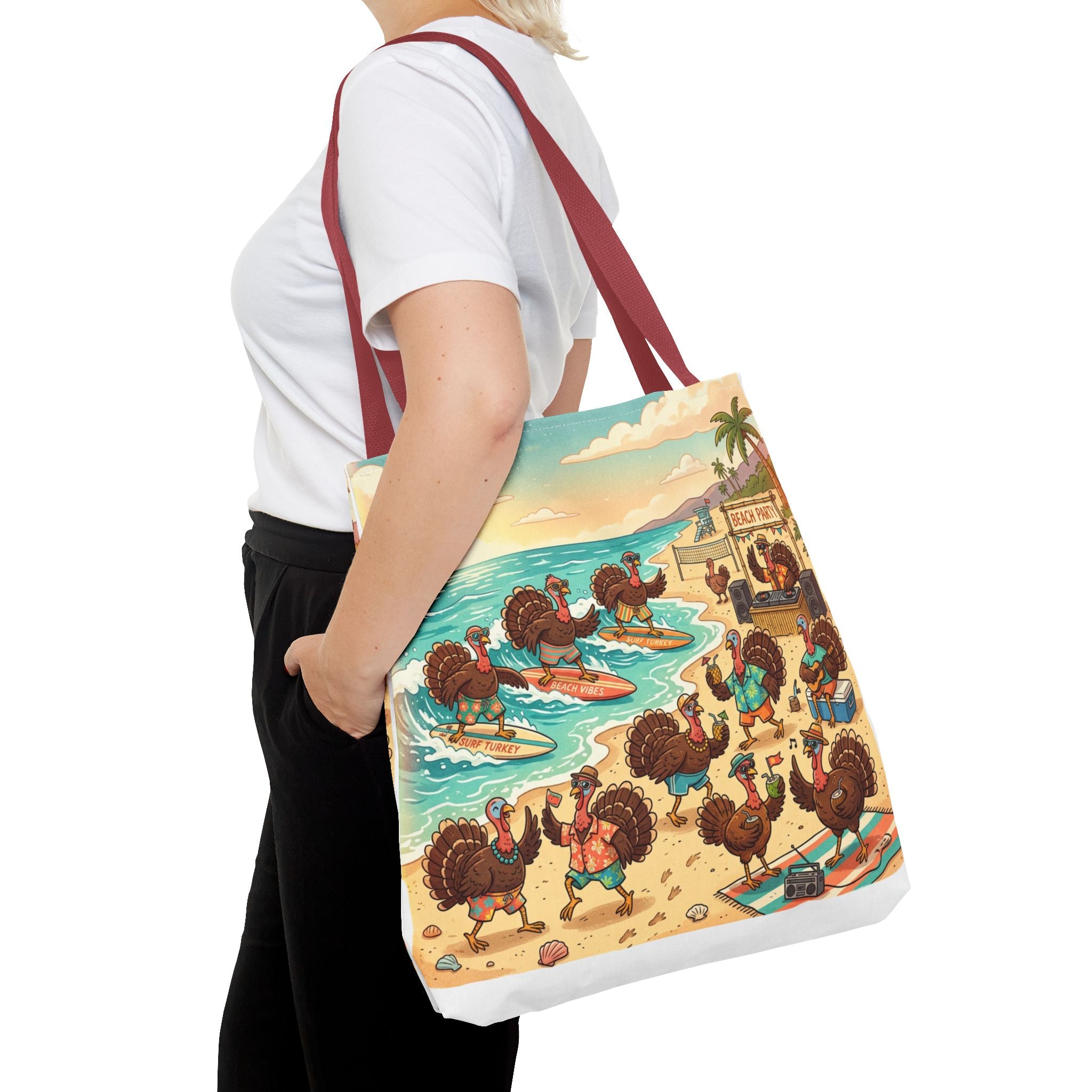 Surfing Turkeys Beach Tote Bag – Funny Thanksgiving Summer Beach Tote