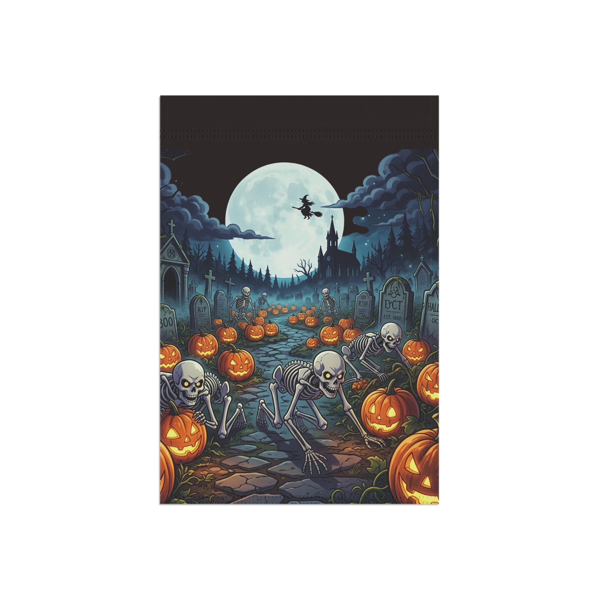 Halloween Skeleton & Jack-O'-Lantern Garden Flag — Spooky Moonlit Cemetery Yard Banner