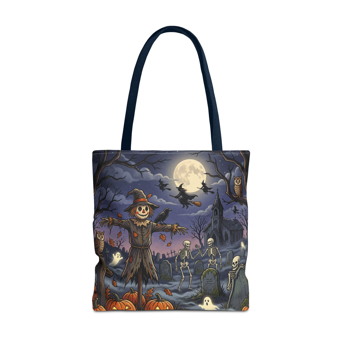 Halloween Haunted Night Tote Bag – Spooky Scarecrow & Skeletons All-Over Print