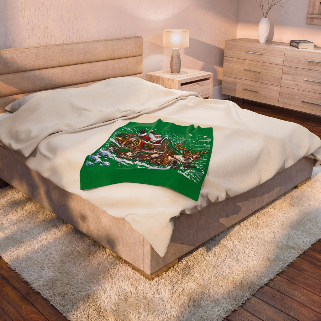 Christmas Santa and Reindeer Velveteen Plush Blanket
