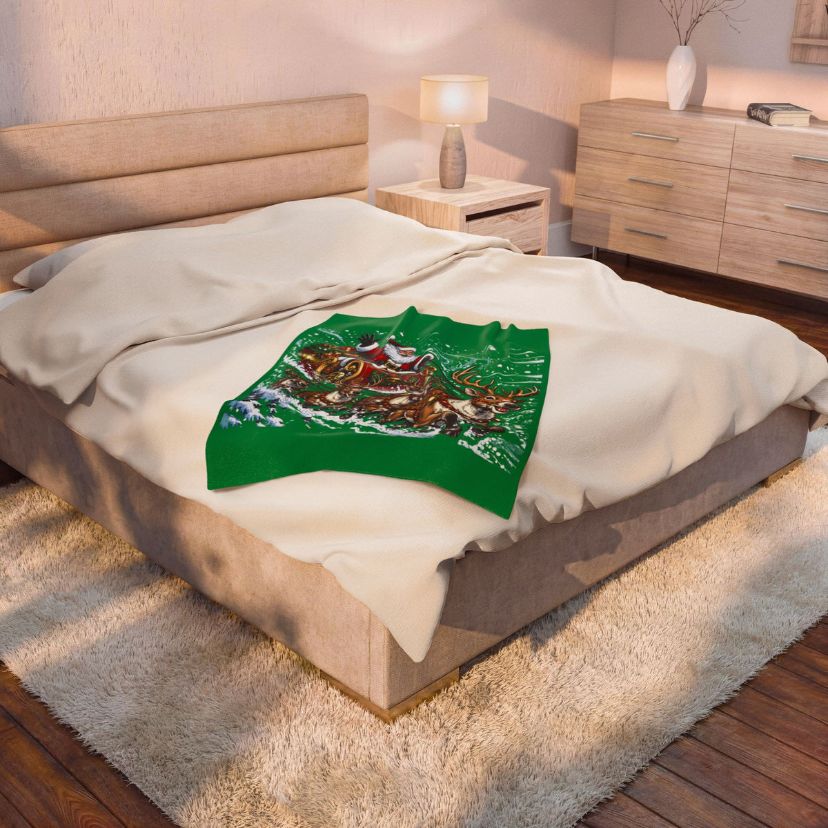 Christmas Santa and Reindeer Velveteen Plush Blanket