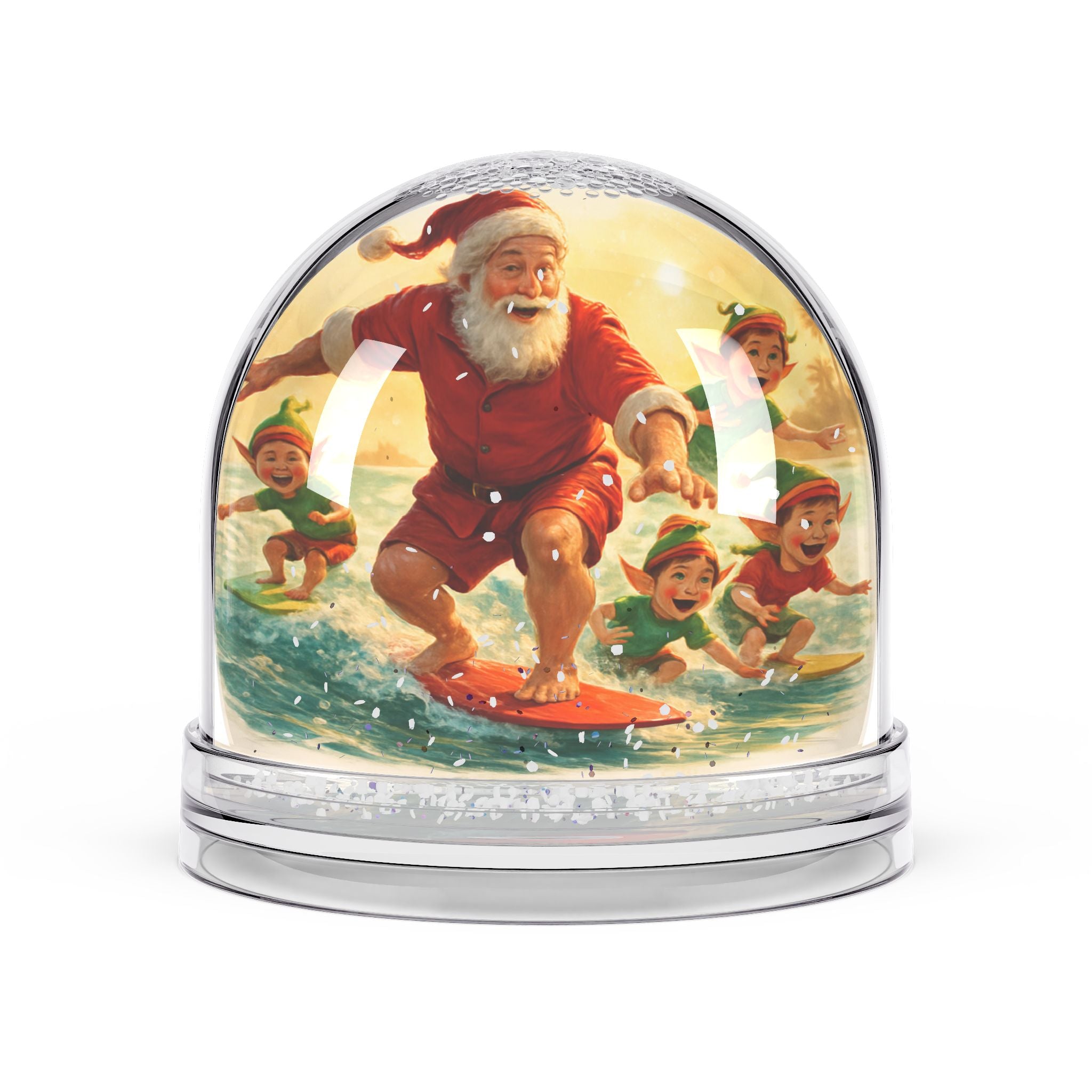 Surfing Santa Snow Globe — Festive Holiday Décor with Surfing Santa & Elves