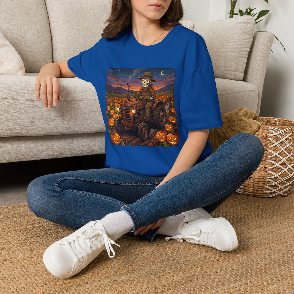 Halloween Pumpkin Farm T‑Shirt — Skeleton Farmer on Tractor Design