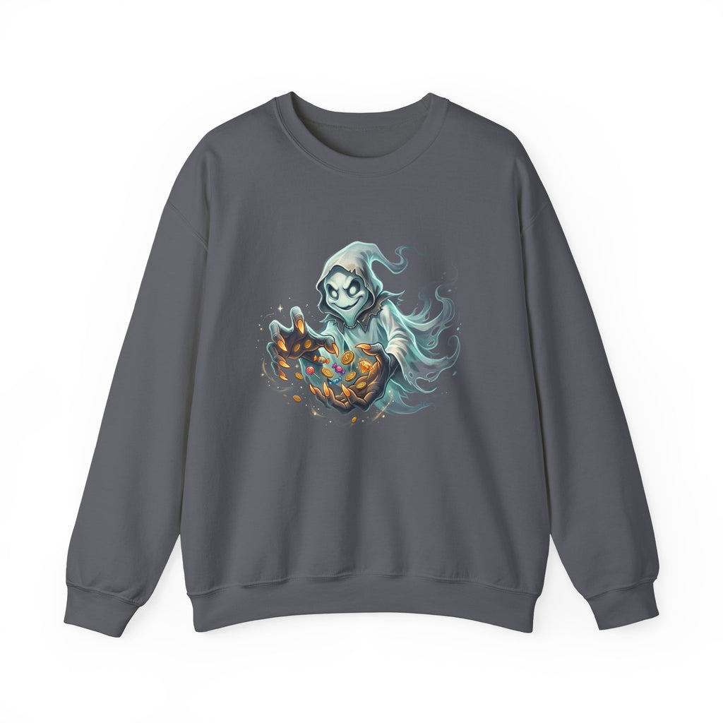 Treasure Ghost Halloween Crewneck Sweatshirt — Hooded Specter with Glowing Candy