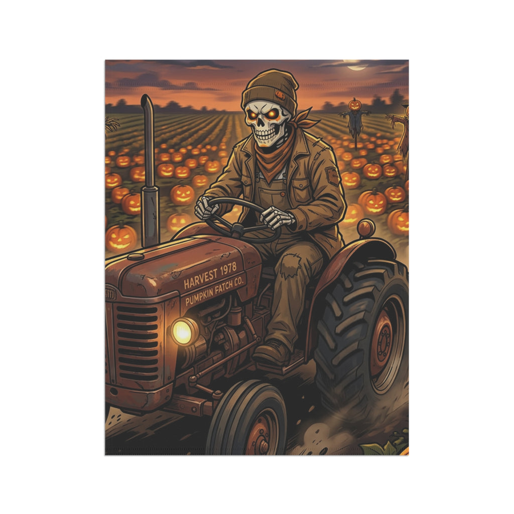 Halloween Pumpkin Patch Garden Flag – Skeleton Farmer on Tractor Fall Yard Banner
