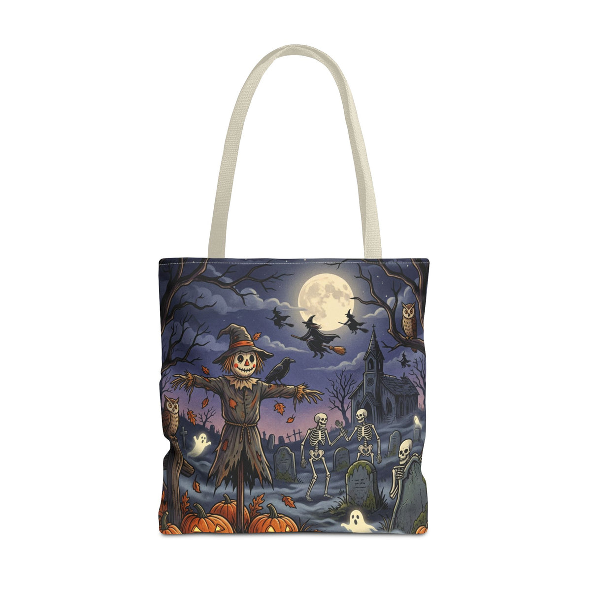 Halloween Haunted Night Tote Bag – Spooky Scarecrow & Skeletons All-Over Print