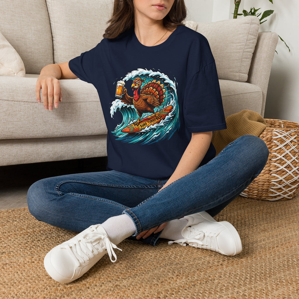 Turkey Surfing With Beer T-Shirt — Funny Thanksgiving Surfboard Tee