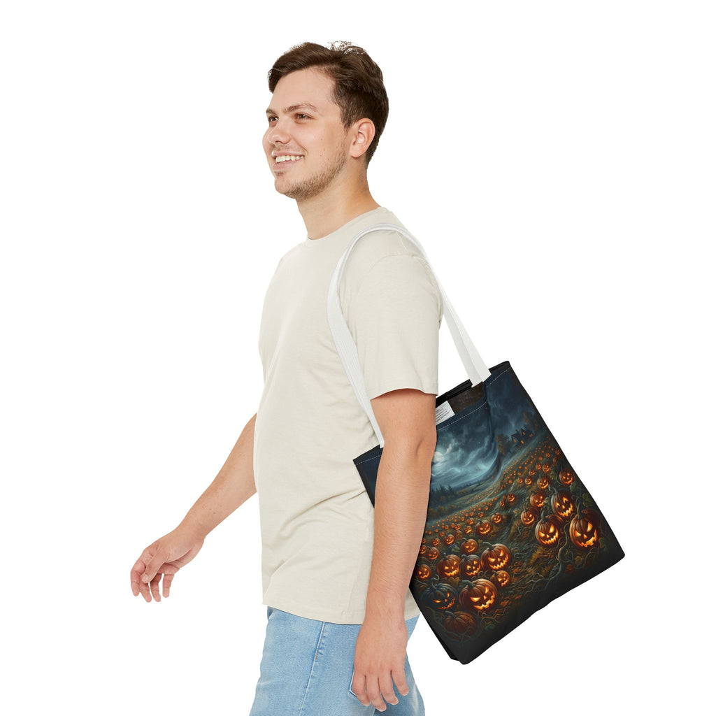 Halloween Pumpkin Field Tote Bag — Spooky Jack-O'-Lantern All-Over Print