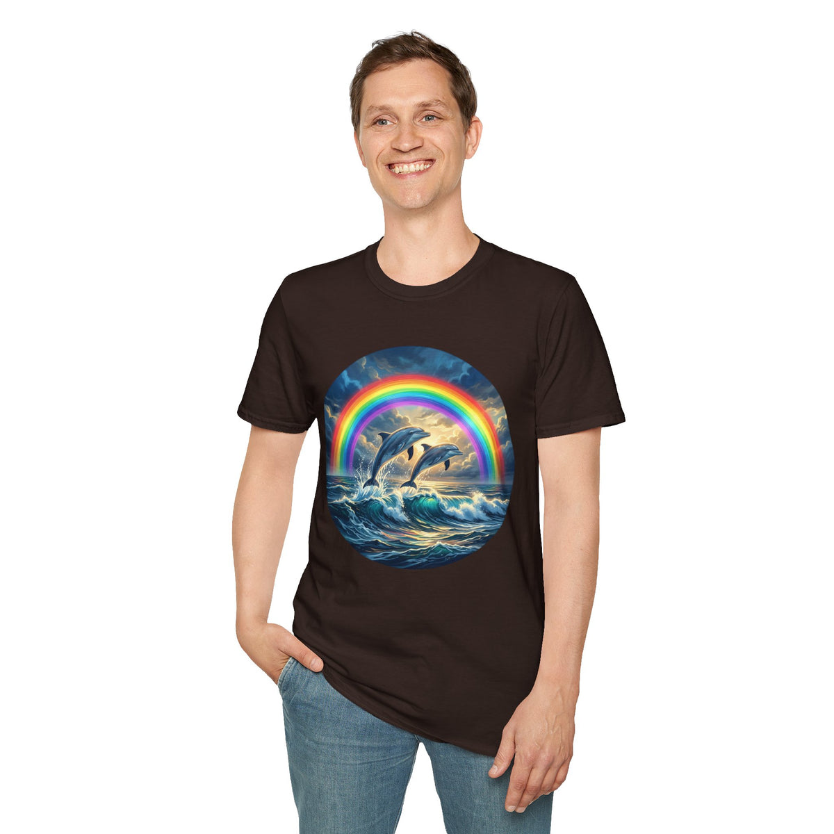 Dolphin Rainbow Wave T-Shirt — Ocean Sunset Graphic Tee