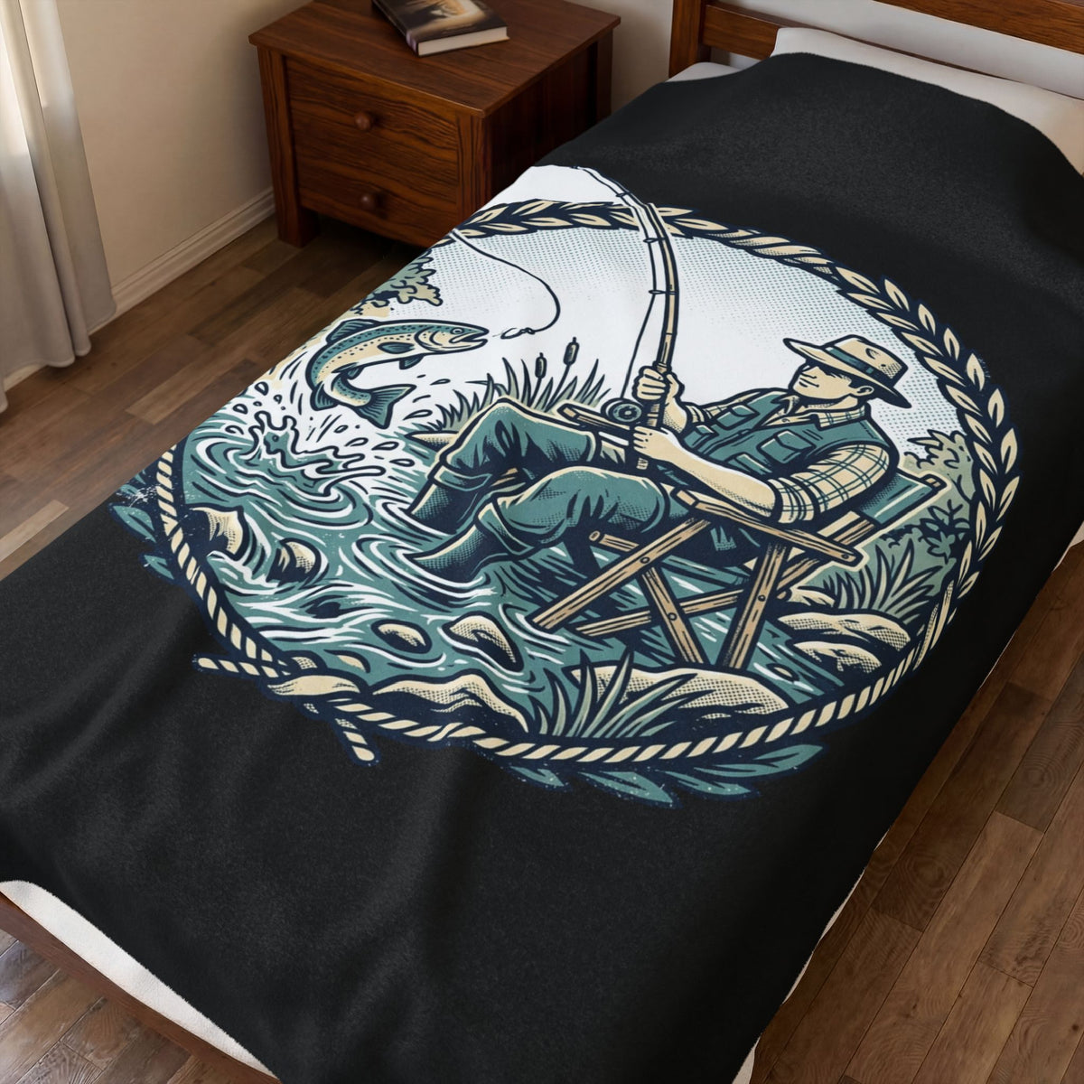 Vintage Fly Fishing Angler Velveteen Plush Blanket