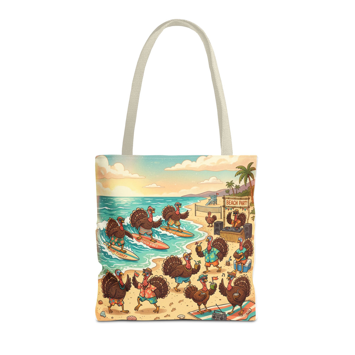 Surfing Turkeys Beach Tote Bag – Funny Thanksgiving Summer Beach Tote