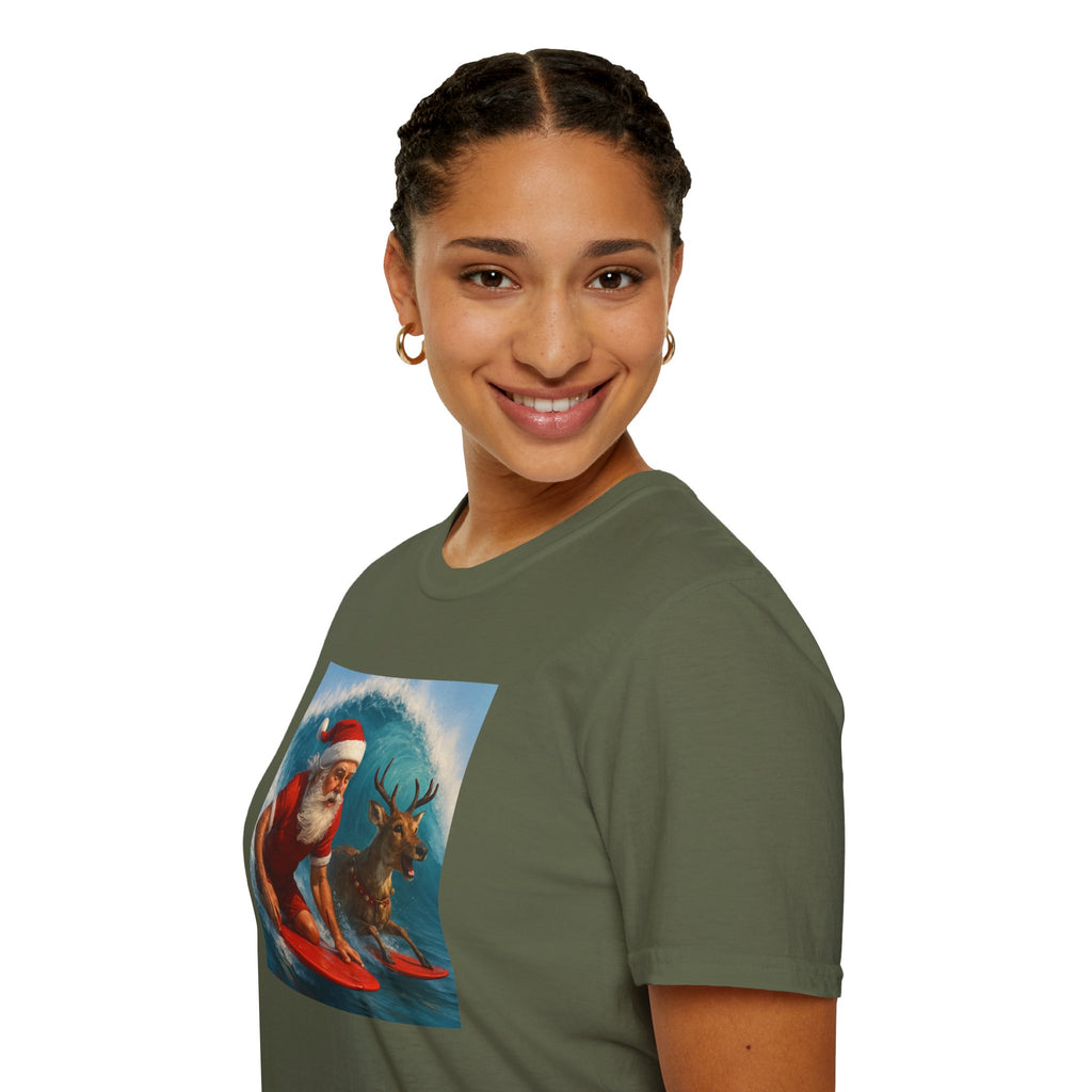 Santa Surfing T-Shirt — Retro Santa and Reindeer Surf Holiday Tee