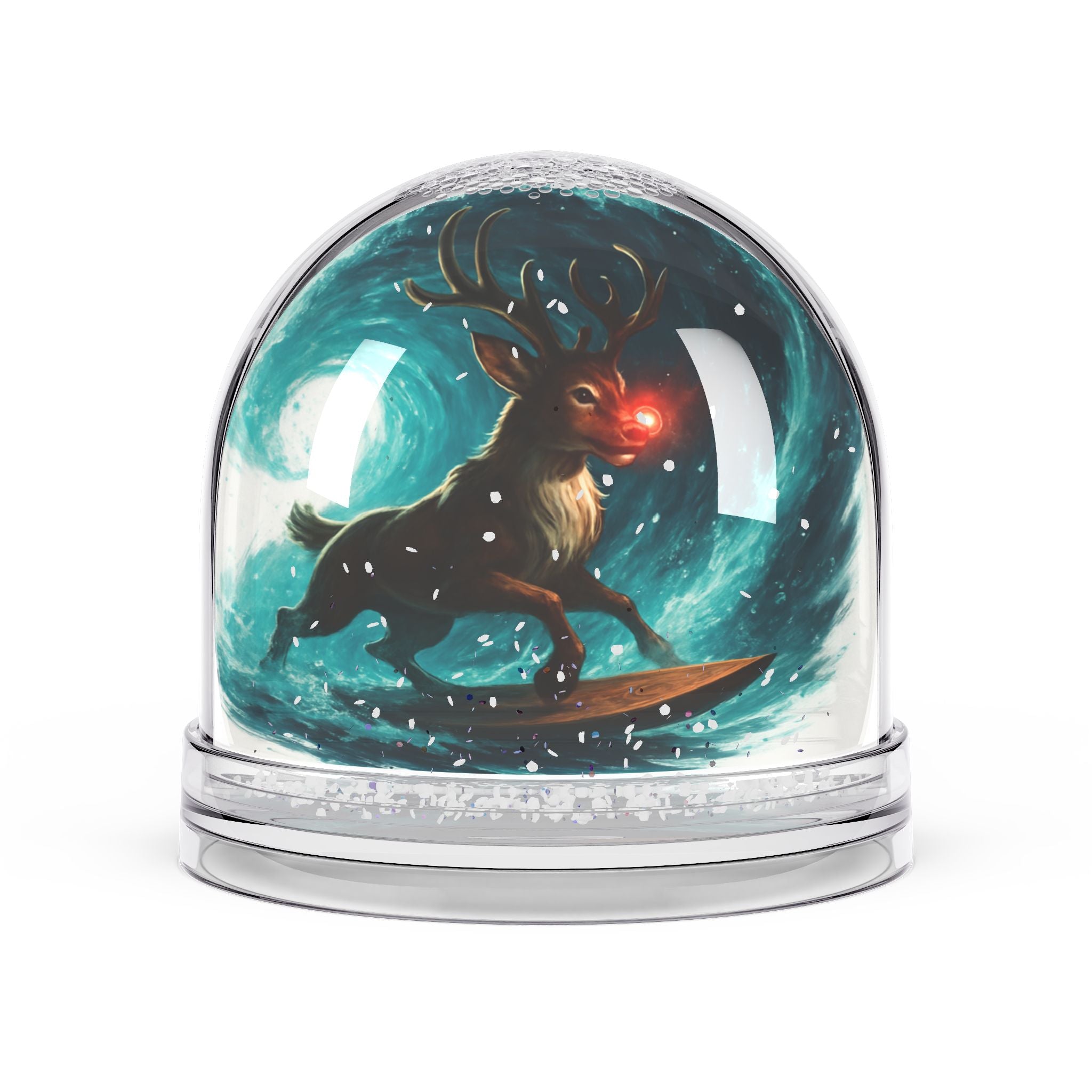 Rudolph Surfing Reindeer Snow Globe — Christmas Holiday Decorative Keepsake
