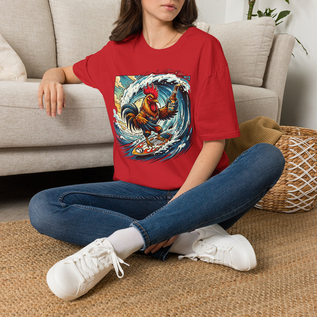 Surfing Rooster T-Shirt — Vintage Wave Rooster Holding Beer Graphic Tee