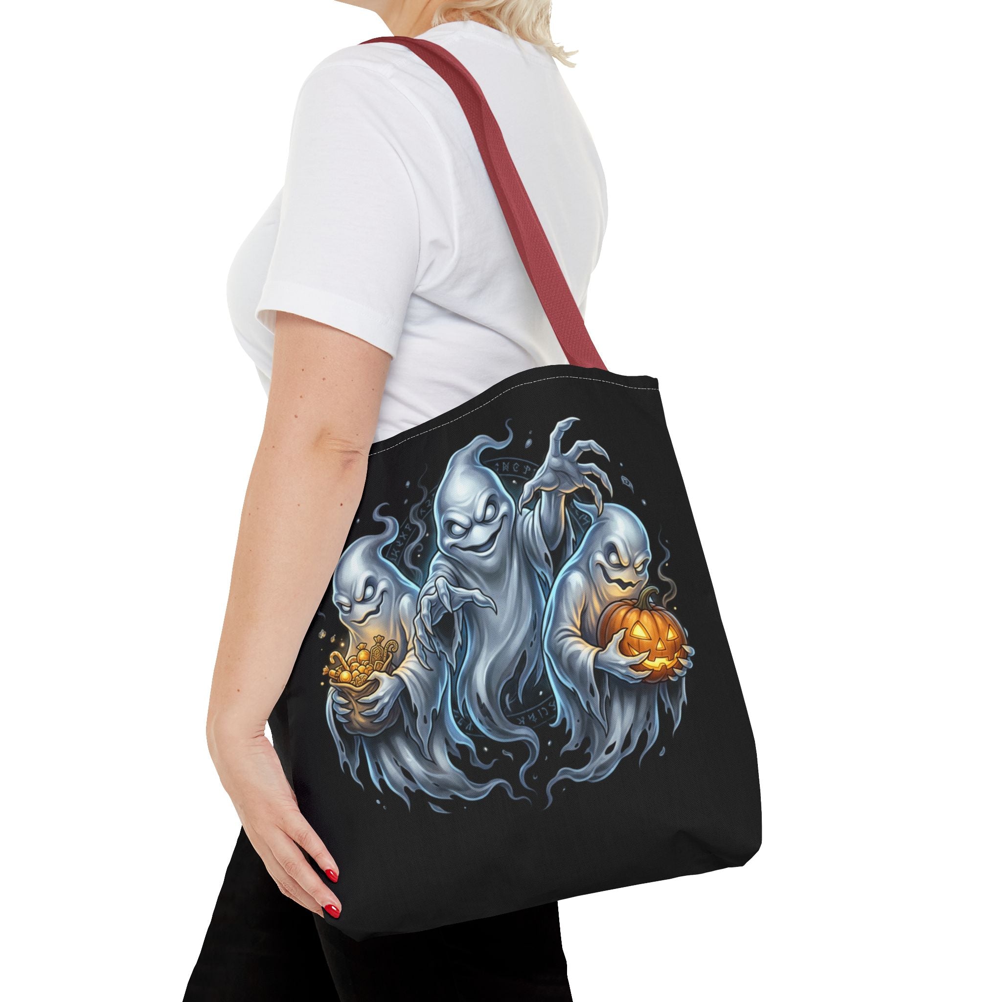 Halloween Ghost Trio Tote Bag — Spooky Pumpkin Trick-or-Treat AOP Tote