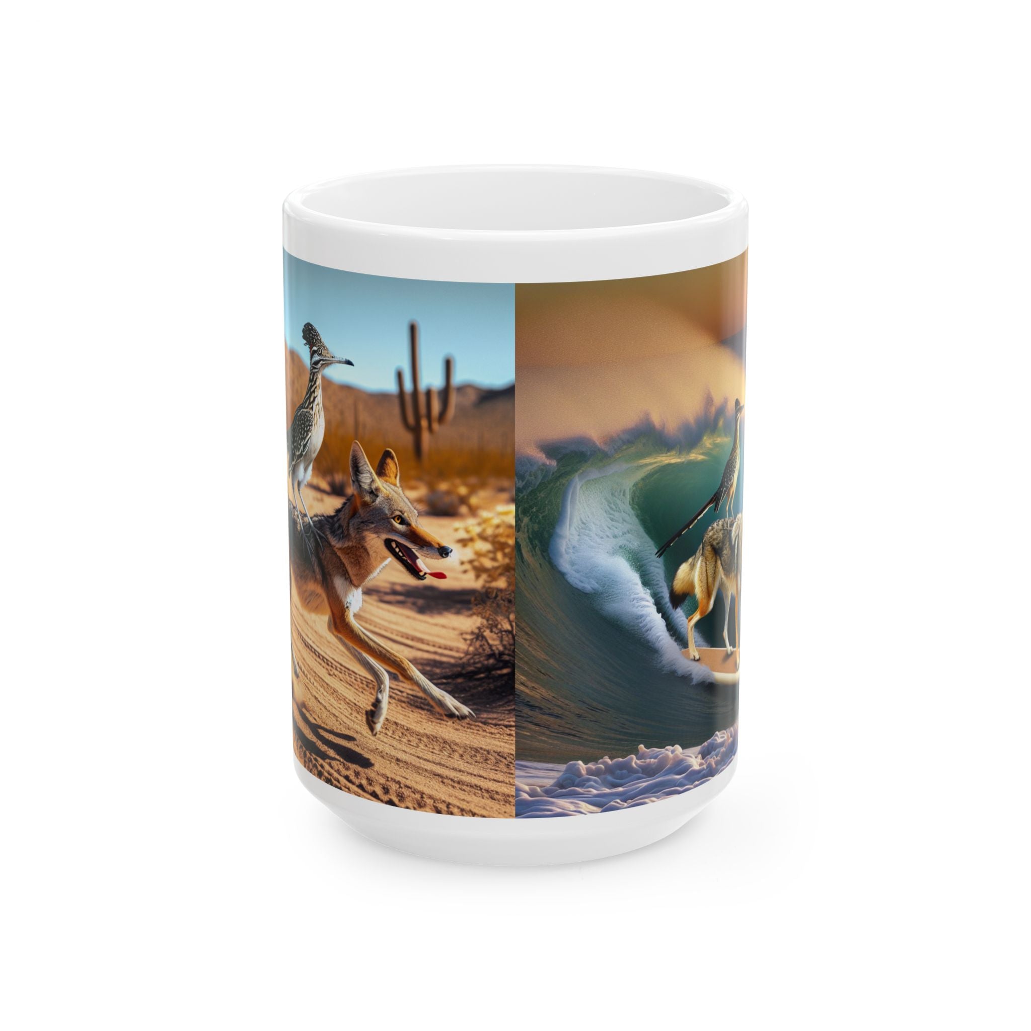 Roadrunner & Coyote Funny Desert Surfer Ceramic Coffee Mug (11oz, 15oz)