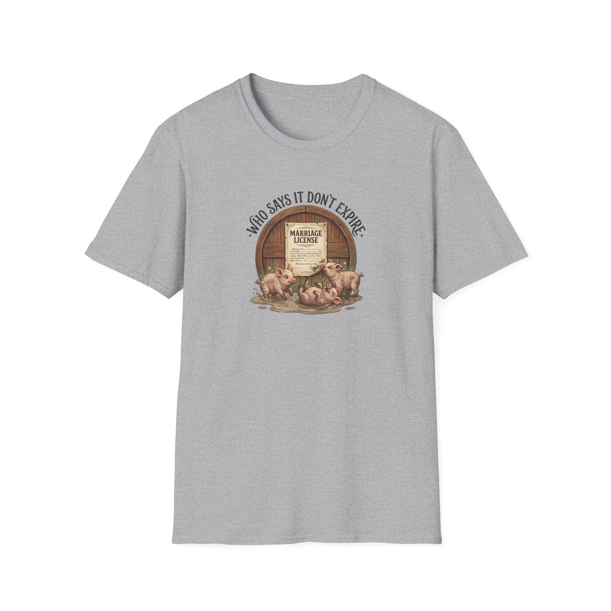 Funny Pig Wedding T-Shirt — "Who Says It Don't Expire" Marriage License Graphic Tee