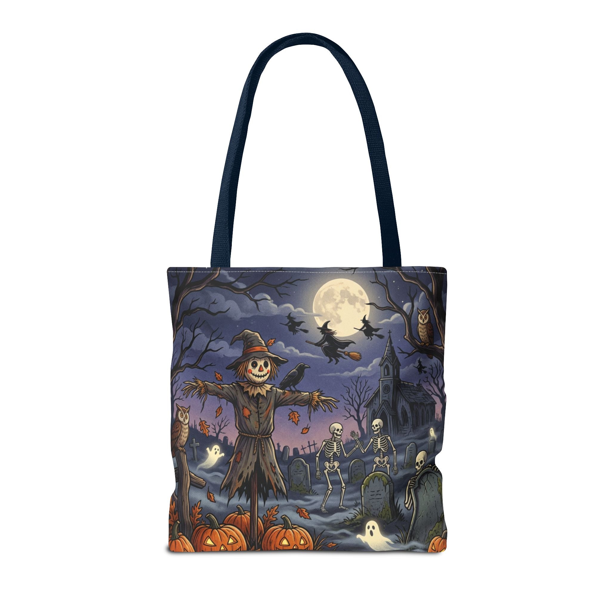 Halloween Haunted Night Tote Bag – Spooky Scarecrow & Skeletons All-Over Print