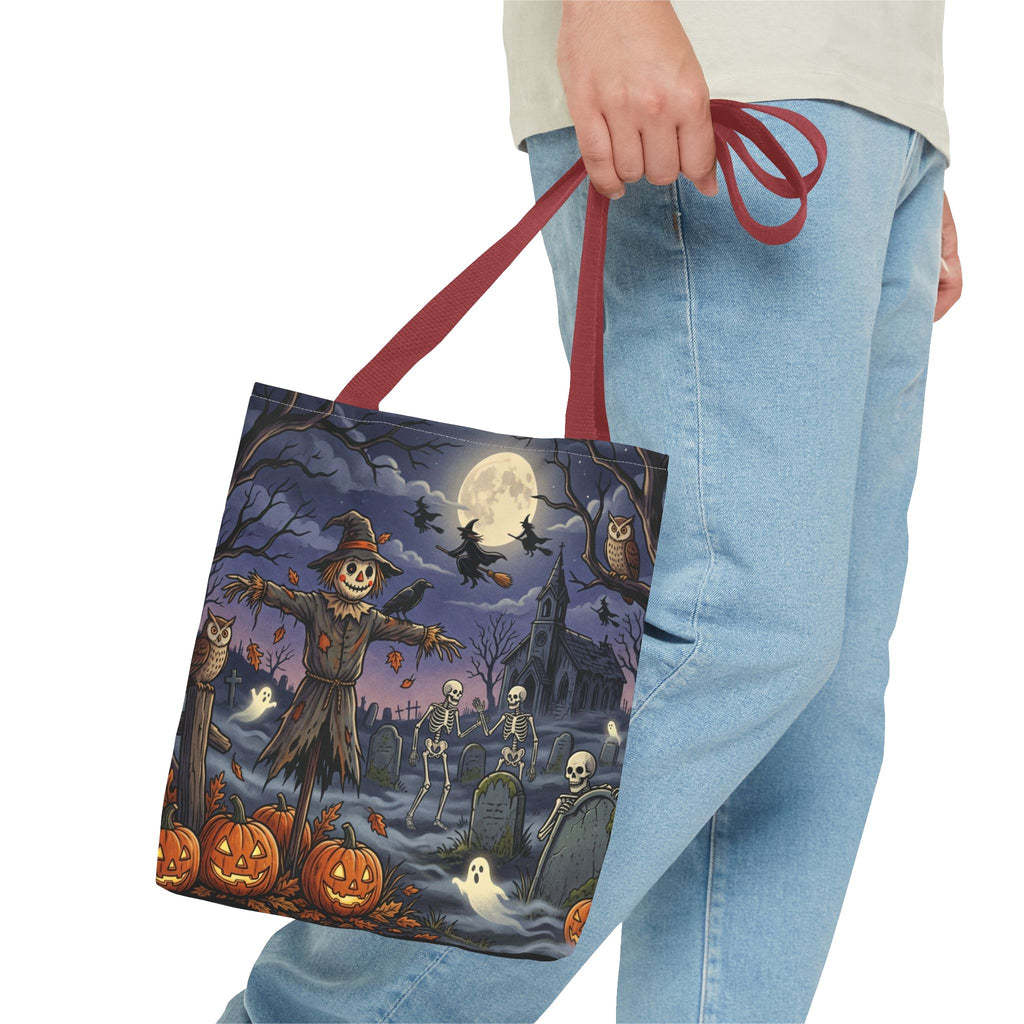 Halloween Haunted Night Tote Bag – Spooky Scarecrow & Skeletons All-Over Print