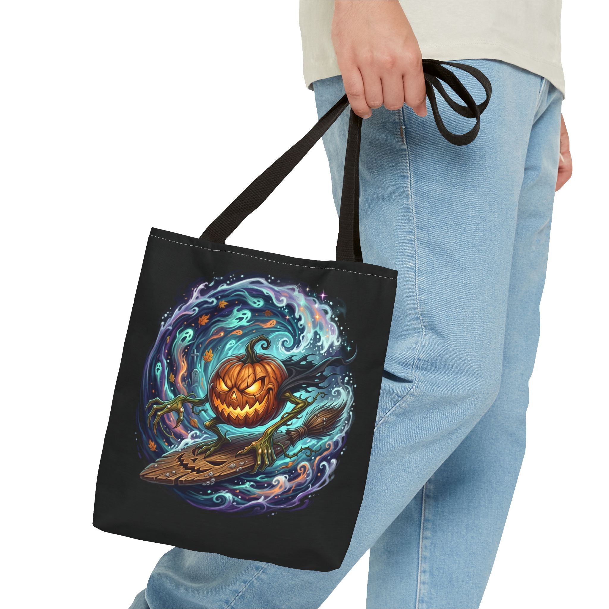 Halloween Surfing Pumpkin Tote Bag — Spooky Jack-o'-Lantern Beach Wave Tote