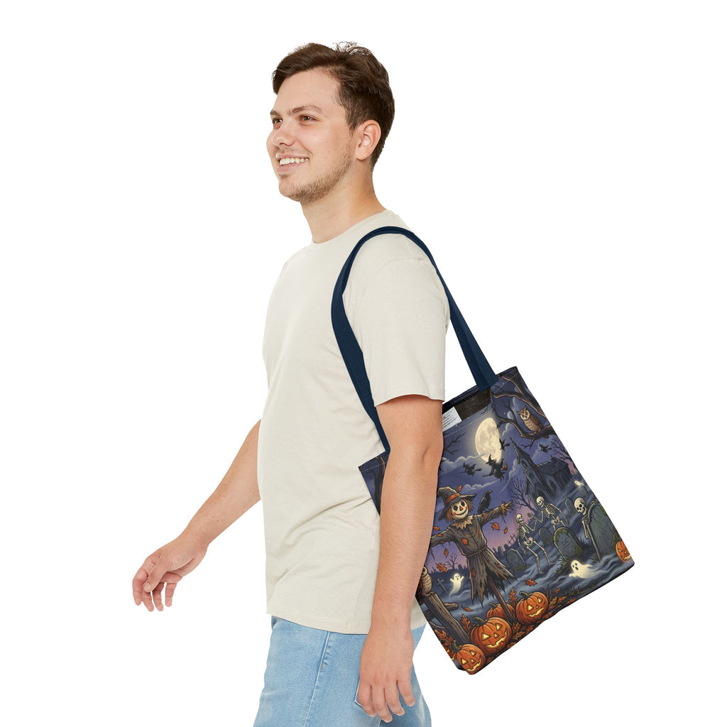 Halloween Haunted Night Tote Bag – Spooky Scarecrow & Skeletons All-Over Print